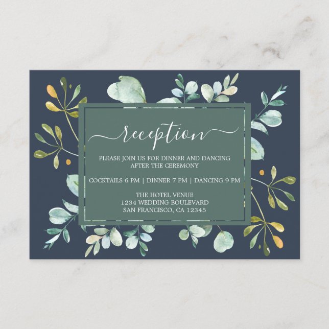Carte D'accompagnement Eucalyptus Foliage Marine Bleu Mariage botanique (Devant)