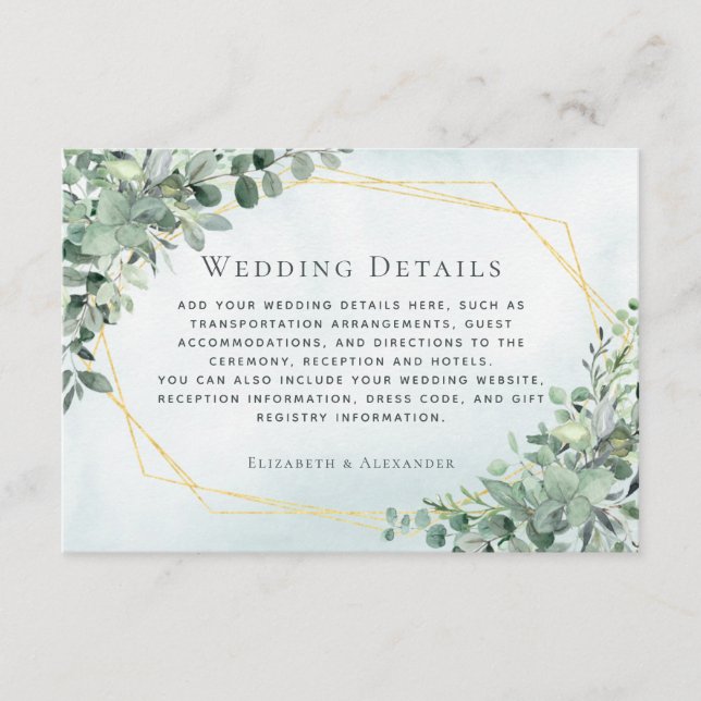 Carte D'accompagnement Eucalyptus Green Gold Détails du Mariage géométriq (Devant)
