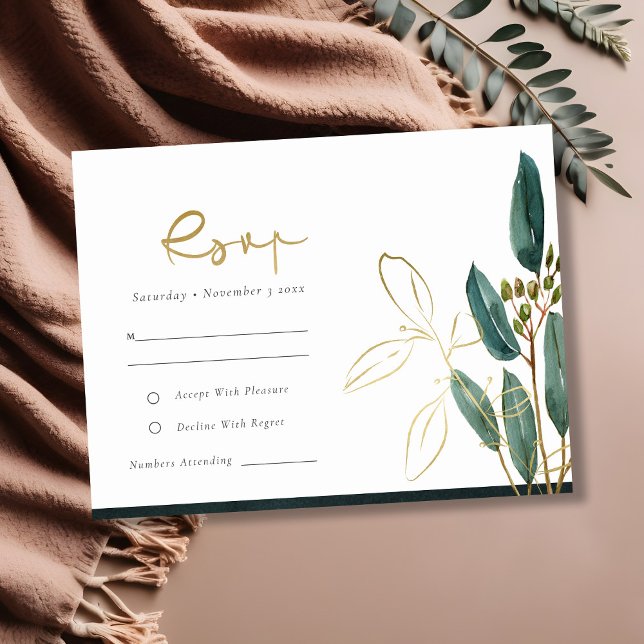 CARTE D'ACCOMPAGNEMENT EUCALYPTUS GREEN GOLD FOIL FOLIAGE MARIAGE RSVP (Créateur téléchargé)
