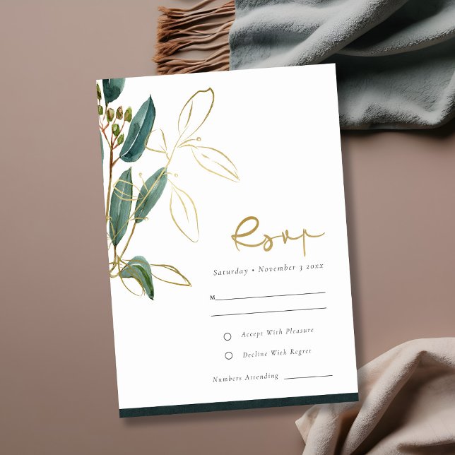 Carte D'accompagnement Eucalyptus Green Gold Foil Foliage mariage RSVP (Créateur téléchargé)