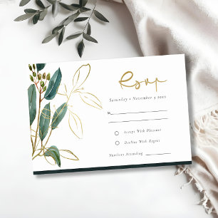 CARTE D'ACCOMPAGNEMENT EUCALYPTUS GREEN GOLD FOIL FOLIAGE MARIAGE RSVP E