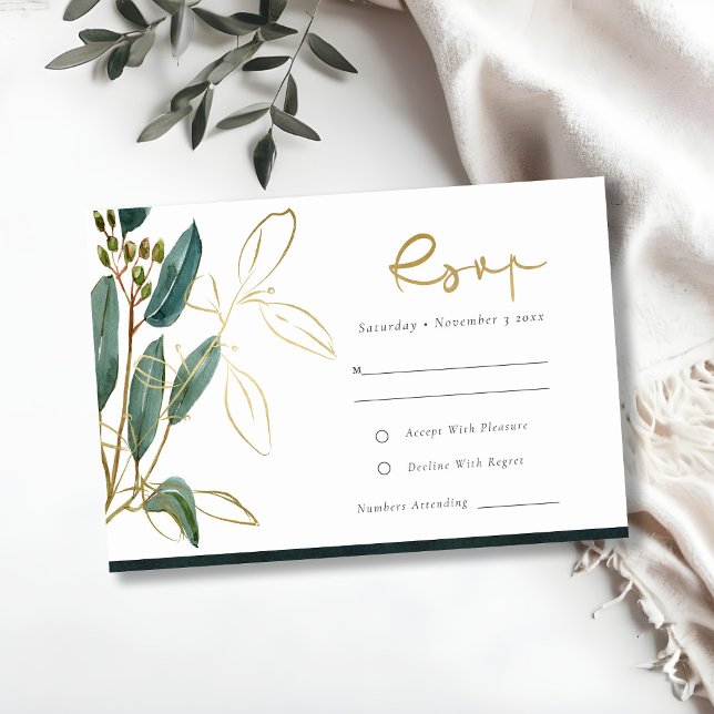 CARTE D'ACCOMPAGNEMENT EUCALYPTUS GREEN GOLD FOIL FOLIAGE MARIAGE RSVP E (Créateur téléchargé)