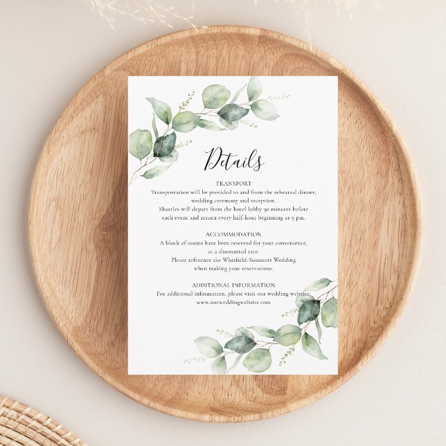 Carte D'accompagnement Eucalyptus Green Script Détails du Mariage (Eucalyptus Greenery Modern Wedding Details Enclosure Card)