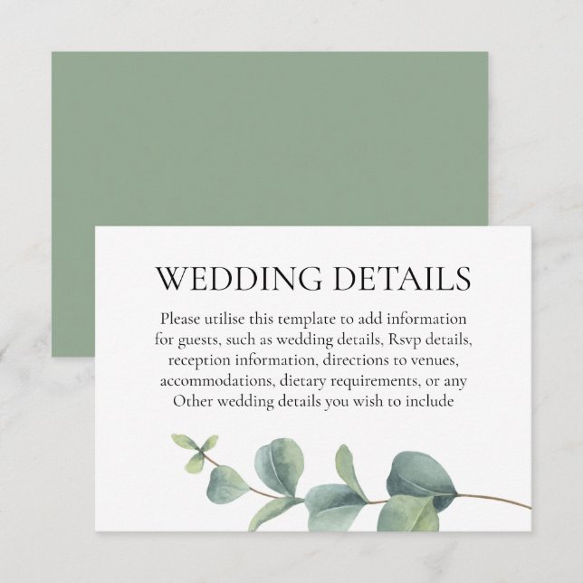 Carte D'accompagnement Eucalyptus Greenery Détails du Mariage (Devant / Derrière)
