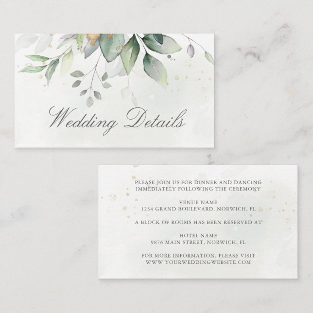 Carte D'accompagnement Eucalyptus Leaves Greenery Gold Elegant Wedding (Devant / Derrière)