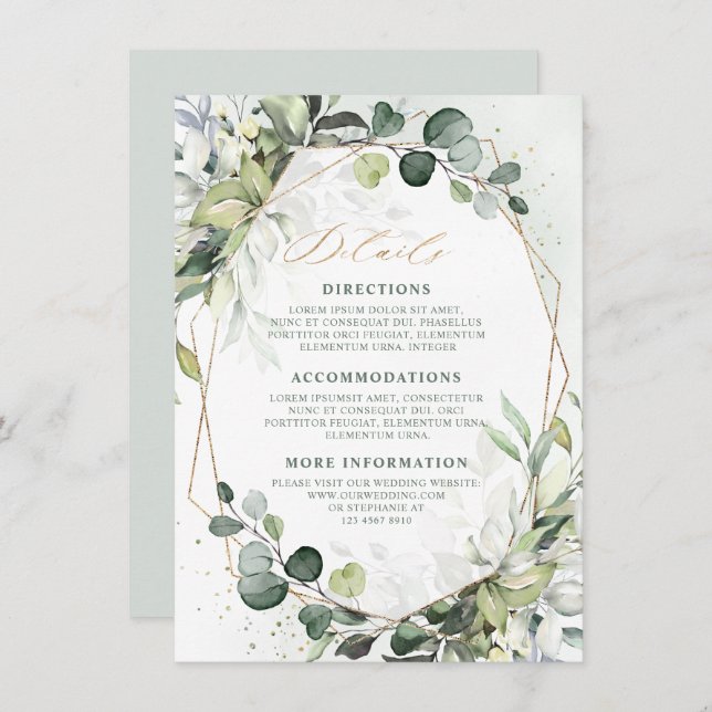 Carte D'accompagnement Eucalyptus Sage Greenery Détails du Mariage géomét (Devant / Derrière)