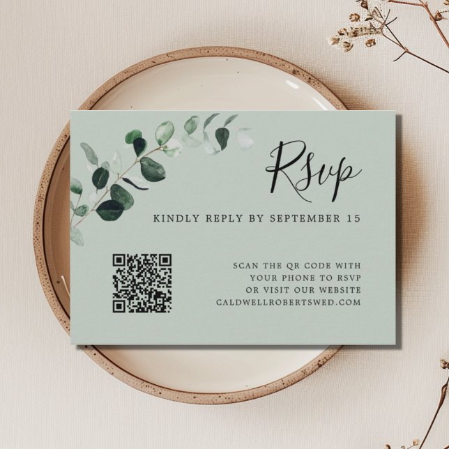 Carte D'accompagnement Eucalyptus Sage QR Code Mariage RSVP (Eucalyptus Sage QR Code Wedding RSVP Card)
