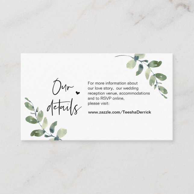Carte D'accompagnement Eucalyptus vert, Noir, Mariage Détails (Devant)