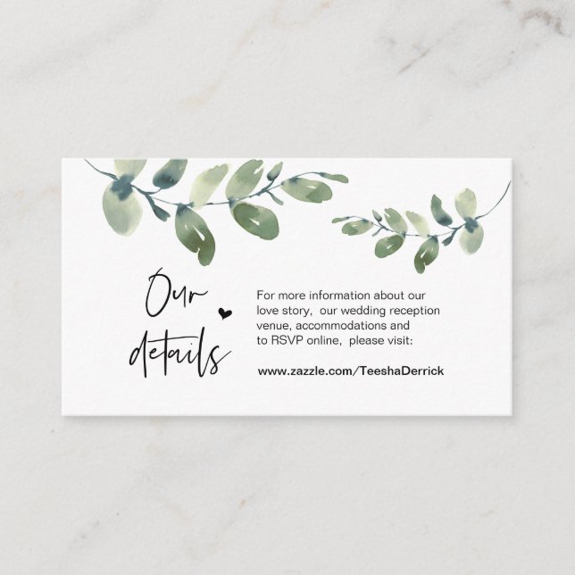 Carte D'accompagnement Eucalyptus vert, Noir, Mariage Détails (Devant)