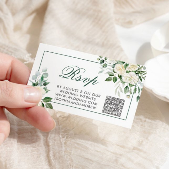 Carte D'accompagnement Eucalyptus White Flowers Mariage QR Code RSVP (Créateur téléchargé)