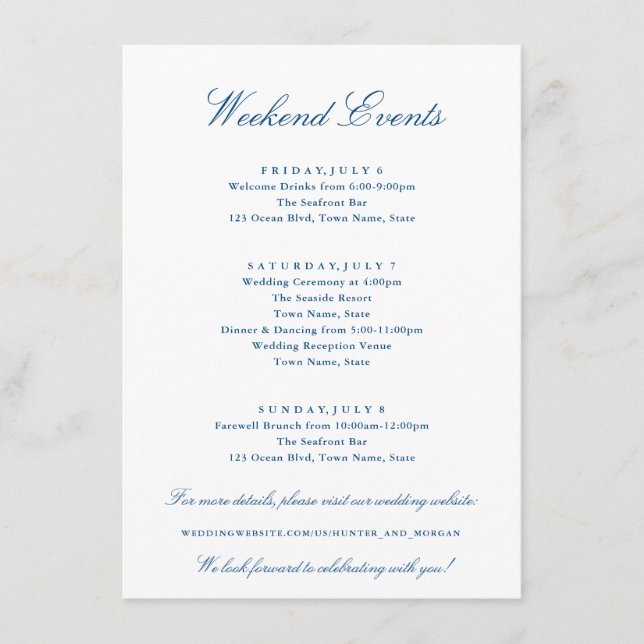 Carte D'accompagnement Événements Élégants de Weekend Mariage Bleu Nuit (Devant)
