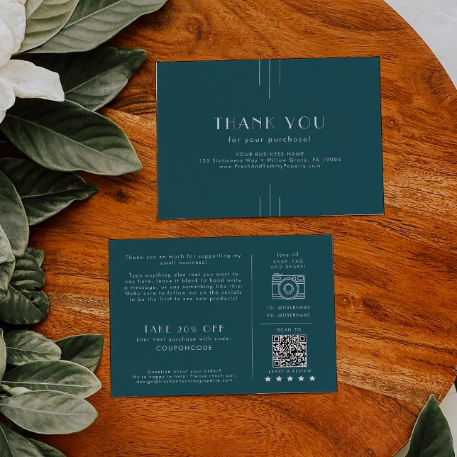 Carte D'accompagnement EVERLY Peacock Sarcelle Remerciement de Commande p (EVERLY Peacock Teal Small Business Thank You Order Enclosure Card)