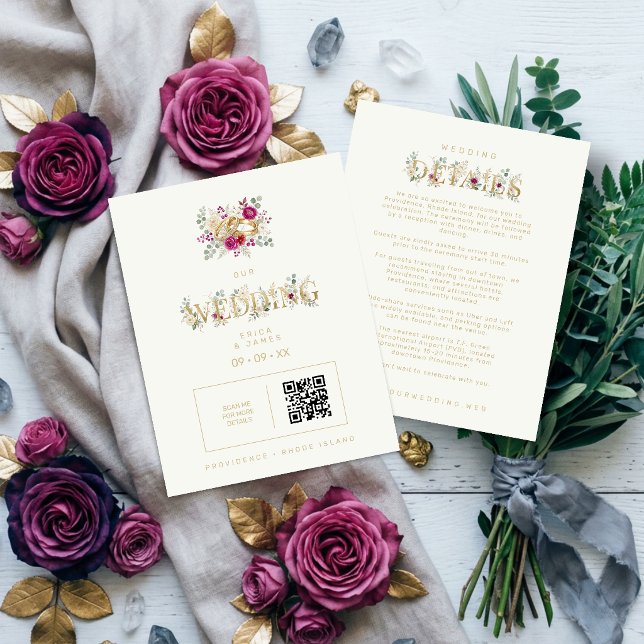 Carte D'accompagnement Exquisite Gold Rings Floral Wedding TLW26 (Exquisite Gold Rings Wedding Enclosure Card with Elegant Cream Floral Bouquet Watercolor Effect)