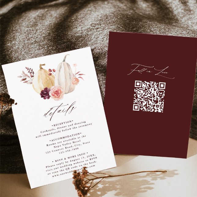 Carte D'accompagnement Fall in Love Citrouille Automne Détails du Mariage (Front & Back)