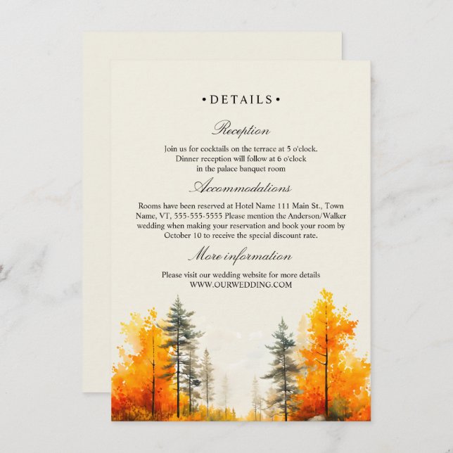 Carte D'accompagnement Fall Woodland, Pine Tree Détails sur le mariage (Devant / Derrière)