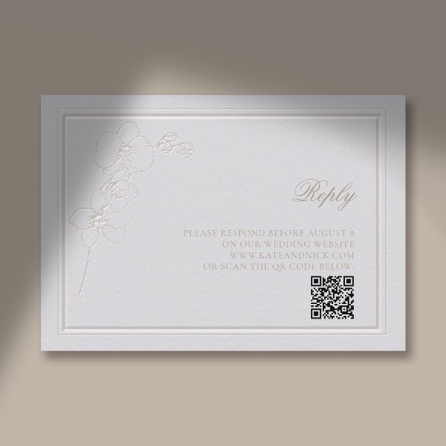 Carte D'accompagnement Faux Embossé Cadre Orchidée ivoire Répondre Mariag (traditional wedding response card qr rsvp reply orchid faux embossed elegant classic ivory)