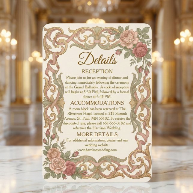 Carte D'accompagnement Faux Gold Baroque Scrollwork Blush Floral (Créateur téléchargé)
