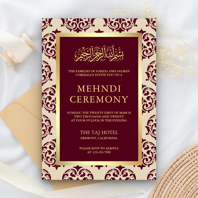 Carte D'accompagnement Faux Gold Foil Bourgogne Damask Islamic Mehndi (Créateur téléchargé)