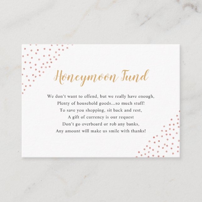 Carte D'accompagnement Faux Rose Gold Confetti Honeymoon Fund (Devant)