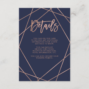 Carte D'accompagnement Faux Rose Gold Géométrique Navy Blue Détails de
