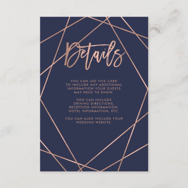 Carte D'accompagnement Faux Rose Gold Géométrique | Navy Blue Détails de  (Devant)