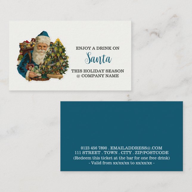 Carte D'accompagnement Festive - Blue Père Noël - Billet boisson (Devant / Derrière)
