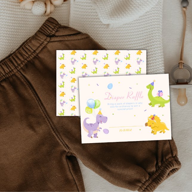 Carte D'accompagnement Fête bébé : l'arrivée de bébé dinosaure Trex avec  (Trex Dinosaur Balloon Diaper Raffle Baby Shower Enclosure Card)