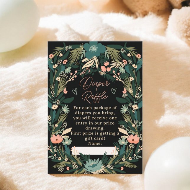 Carte D'accompagnement Fête de Bébé Couches Florales Vertes Roses Caprice (Whimsical Green Pink Floral Diaper Baby Shower Enclosure Card)