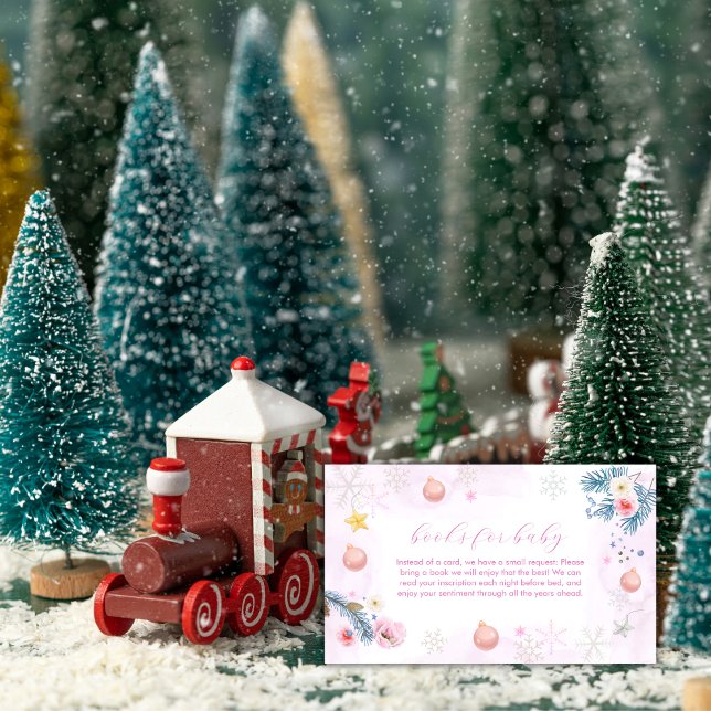 Carte D'accompagnement Fête de Bébé Florale Flocon de Neige Rose Hiver  (Pink Winter Snowflake Floral Books Baby Shower Enclosure Card)