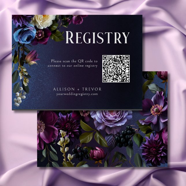 Carte D'accompagnement Fête de mariage floral bleu foncé et violet mélanc (Dark Blue & Purple Floral Moody Bridal Shower Enclosure Card)