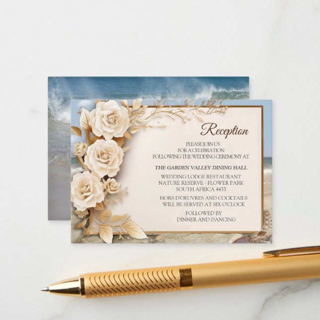 Carte D'accompagnement Fête de plage avec fleurs blanches et perles (Devant/Arrière en situation)