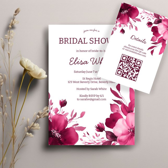 Carte D'accompagnement Fête des mariées d'aquarelle en fleurs roses CUSTO (Pink Blooms Watercolor Bridal Shower CUSTOM QR Enclosure Card
)