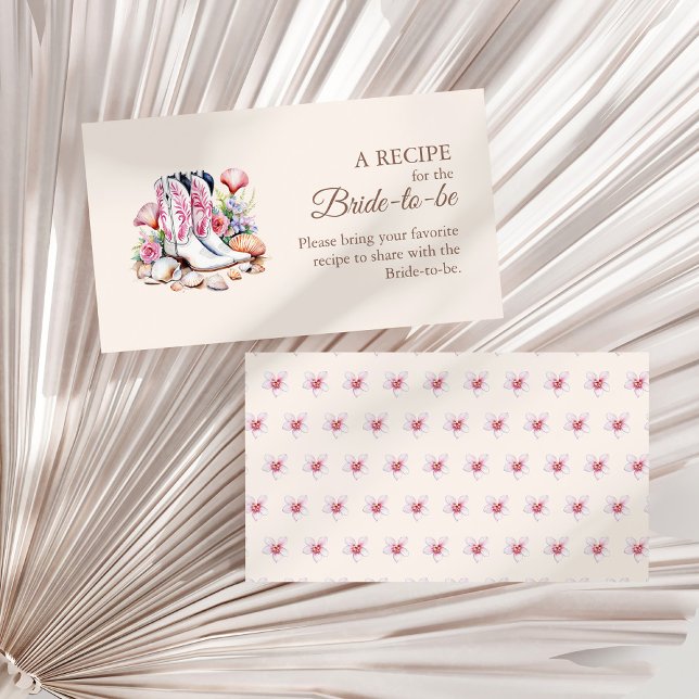 Carte D'accompagnement Fête des mariées Des Bottes De Femme Côtière Parta (Coastal Cowgirl Boots Bridal Shower Share A Recipe Enclosure Card on a white dry palm leaf.)