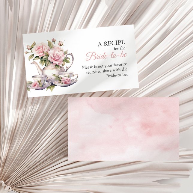Carte D'accompagnement Fête des mariées Roses Roses Roses Roses Vides Par (Blush Pink Roses Bridal Shower Tea Share A Recipe Enclosure Card on a sunny white dry palm leaf.)