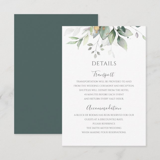 Carte D'accompagnement Feuillage d'eucalyptus doré Élégant Mariage (Devant / Derrière)