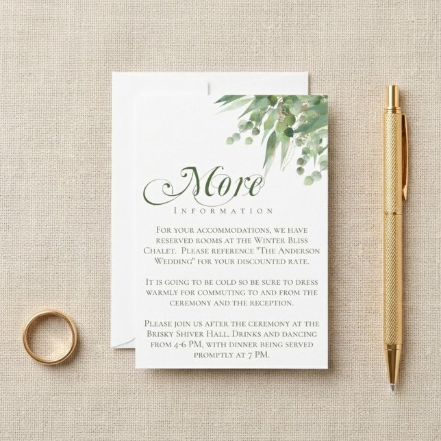 Carte D'accompagnement Feuillage d'eucalyptus Script Élégant Détails de M (Eucalyptus Greenery Script Elegant Wedding Details Enclosure Card)