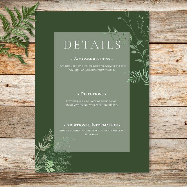 Carte D'accompagnement Feuillage vert d'émeraude vert de fougère rustique (Rustic Fern Green Foliage Emerald Green Details Enclosure Card)