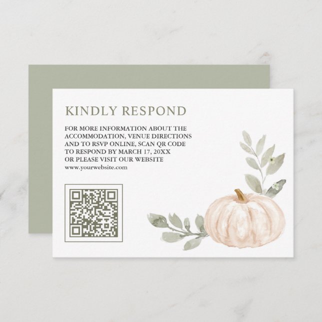 Carte D'accompagnement Feuille  blanc Citrouille QR Code RSVP Mariage (Devant / Derrière)