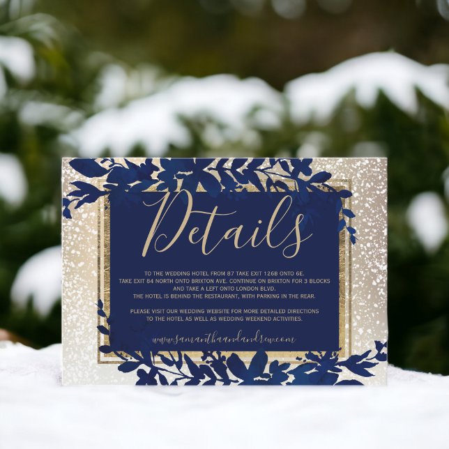 Carte D'accompagnement feuille de typographie dorée détails bleus neige h (gold typography leaf blue snow winter details enclosure card)