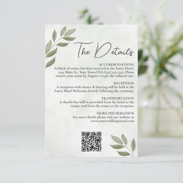 Carte D'accompagnement Feuille désiré Sage Green Détails du Mariage QR Co (Debout devant)