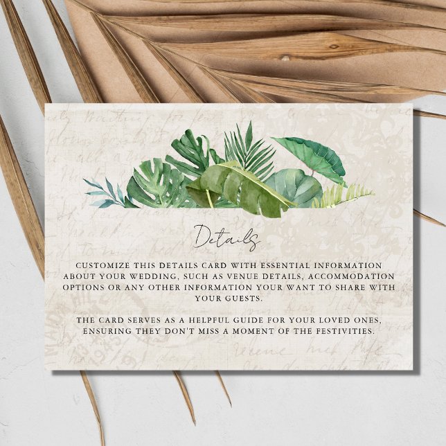 Carte D'accompagnement Feuille tropicale Papier vieilli Plage Destination (Tropical Leaf Aged Paper Beach Destination Wedding Enclosure Card)