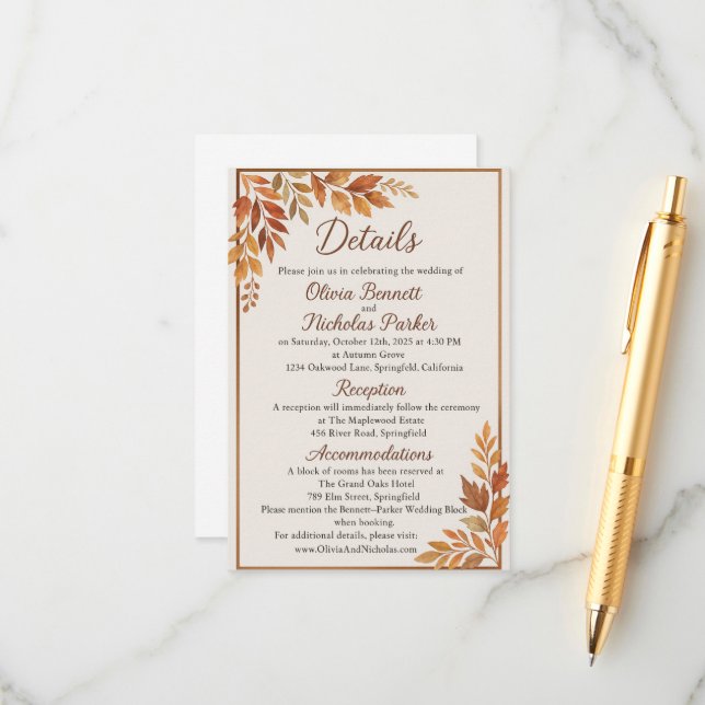 Carte D'accompagnement Feuilles d'automne élégantes et script de cuivre A (Devant/Arrière en situation)