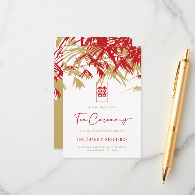 Carte D'accompagnement Feuilles de bambou Zen Rouge/Or Cérémonie de thé c (Devant/Arrière en situation)