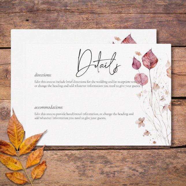 Carte D'accompagnement Feuilles de chute de rouille de Bourgogne délicieu (Rustic Delicate Burgundy Rust Fall Leaves Details Enclosure Card)