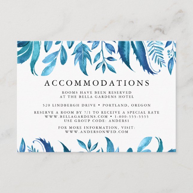 Carte D'accompagnement Feuilles d'indigo | Hébergement d'hôtel de mariage (Devant)