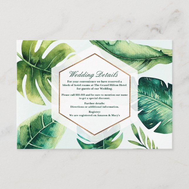 Carte D'accompagnement Feuilles tropicales vertes détails de mariage chic (Devant)
