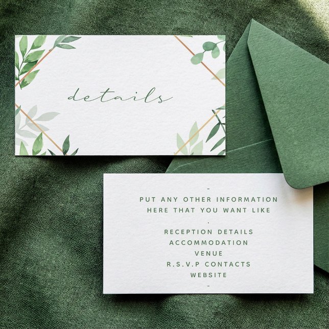 Carte D'accompagnement Feuilles vertes, bordure dorée, détails mariage (Green leaves, gold border, details wedding enclosure card.)
