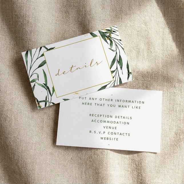 Carte D'accompagnement Feuilles vertes simples, détails de mariage (Simple green leaves, details wedding enclosure card.)