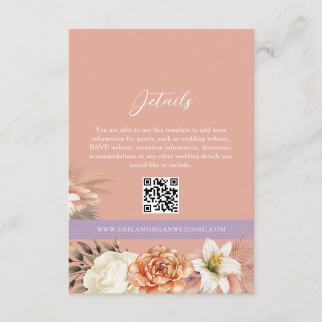 Carte D'accompagnement Fiche de code QR - Détails du Mariage Floral Peach (Devant)