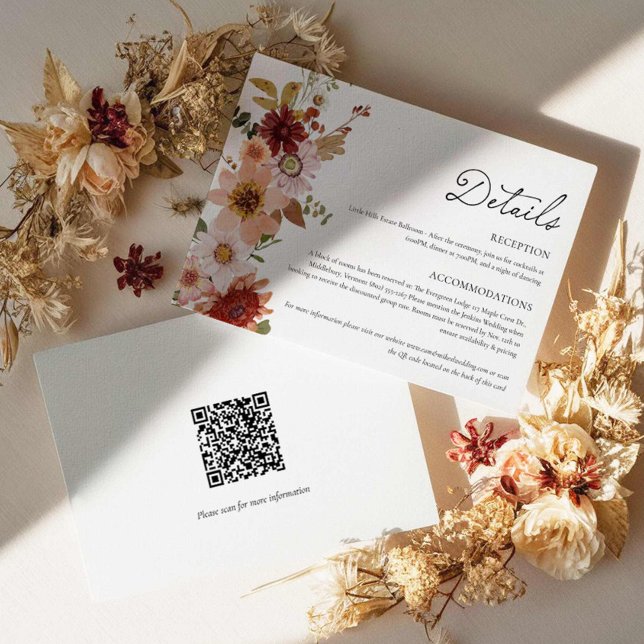 Carte D'accompagnement Fiche de détails du Mariage floral avec code QR (Fall Wildflower Country Wedding Details Card)